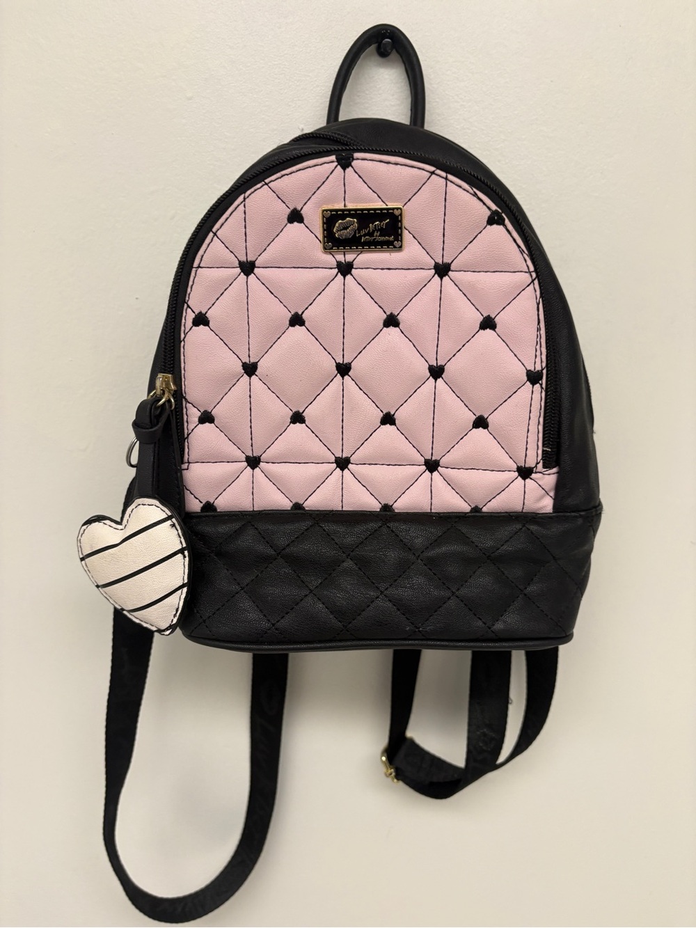 Luv Betsy by Betsy Johnson Pink and Black Hearts Mini Backpack with Heart Charm